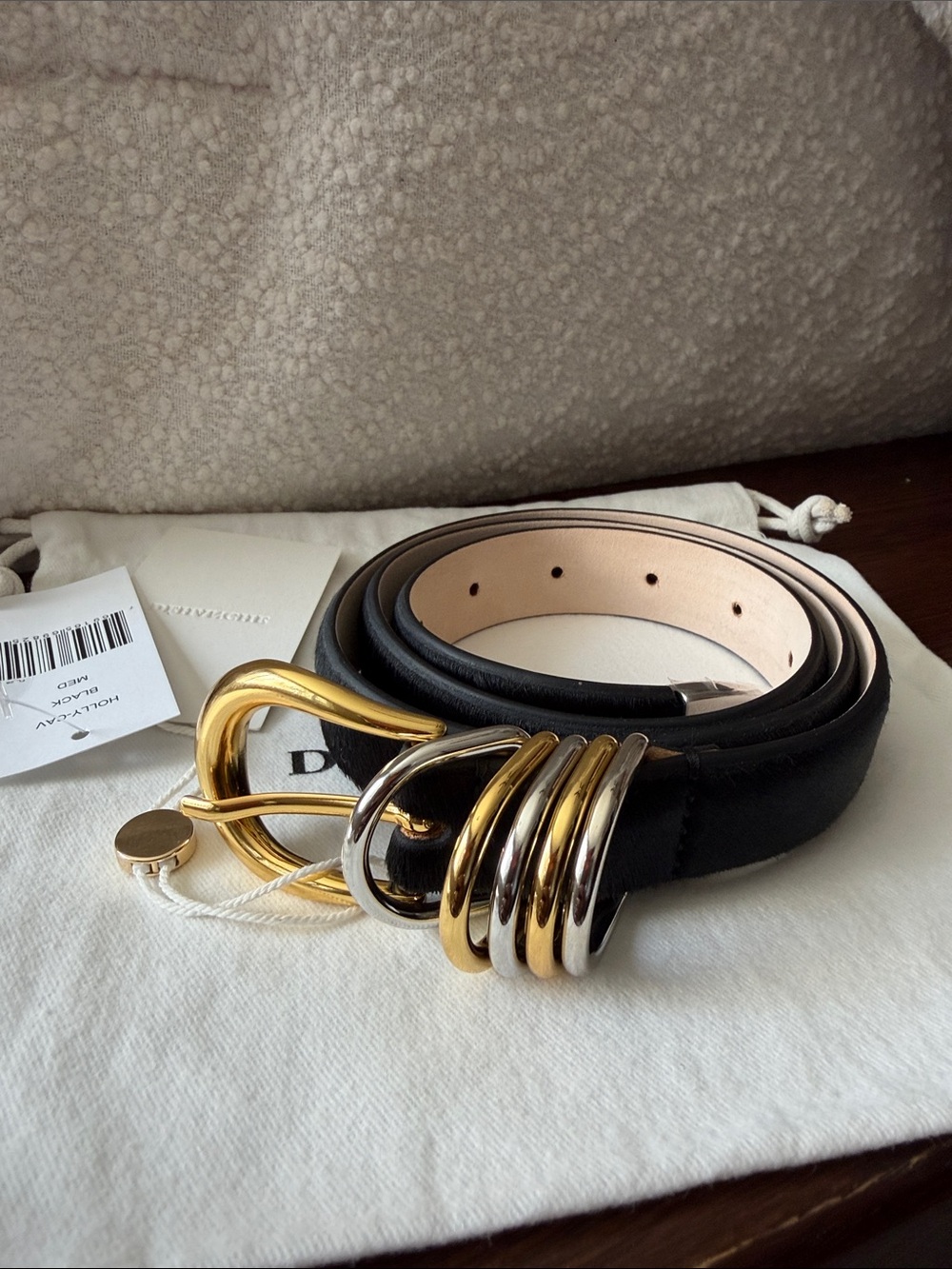 Dehanche Hollyhock Black Leather Calf Hair Belt - Gold and Silver Buckle Size M